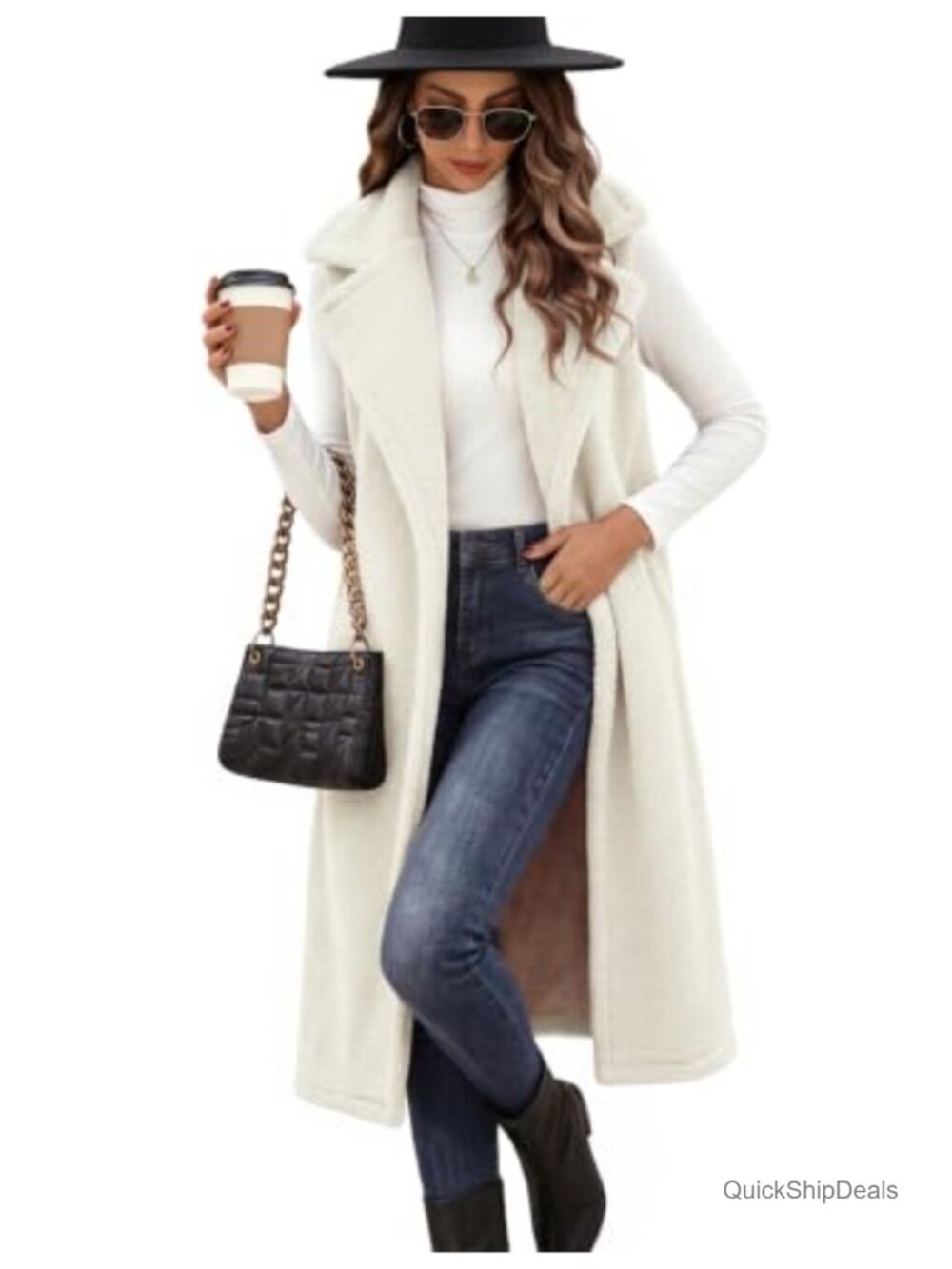 Women's Long Teddy Fleece Vest Casual Sleeveless Coat with Pockets